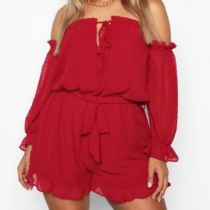 Plus Dobby Mesh Off The Shoulder Ruffle Romper